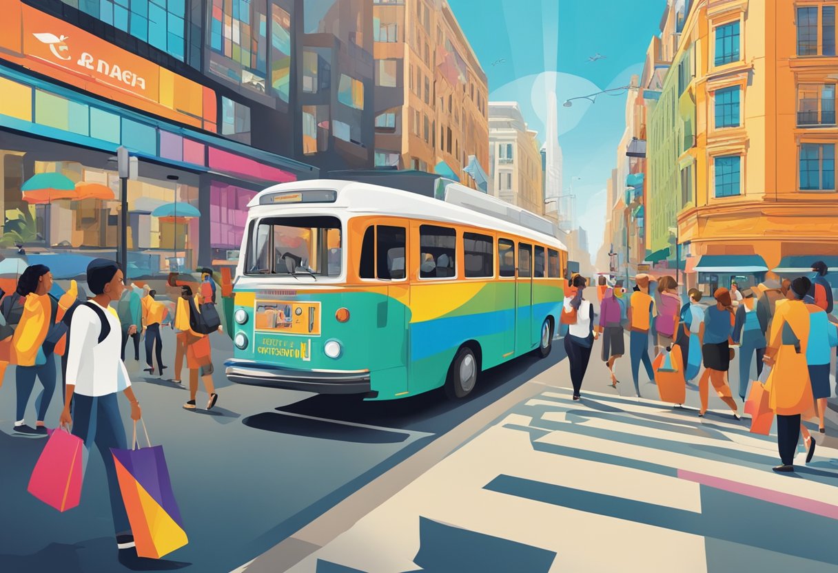 A colorful, eye-catching poster displayed on a busy street corner, surrounded by bustling pedestrians and vehicles. The poster features bold text and vibrant graphics promoting a product or event