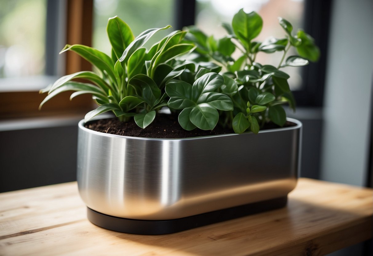 An aluminum planter sits on a wooden shelf, filled with vibrant green plants and surrounded by soft natural light