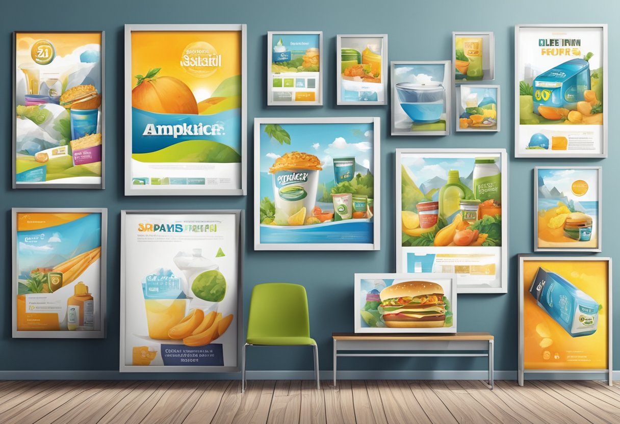 A variety of advertisement posters in different sizes and formats displayed on a wall