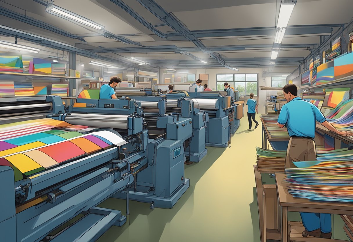 A bustling print shop with large printing machines churning out colorful advertising posters