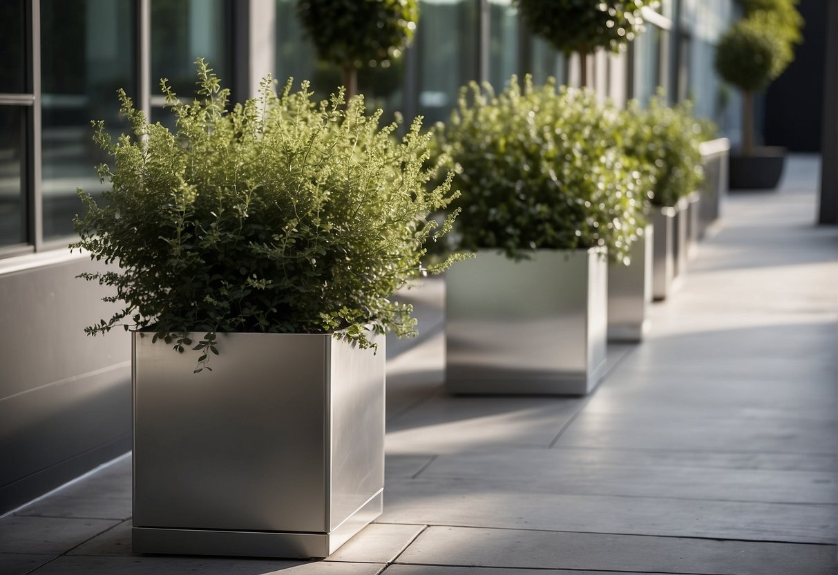 Several types of aluminium planters arranged in a modern outdoor setting, varying in size, shape, and design. Some are hanging, while others are placed on the ground or on pedestals