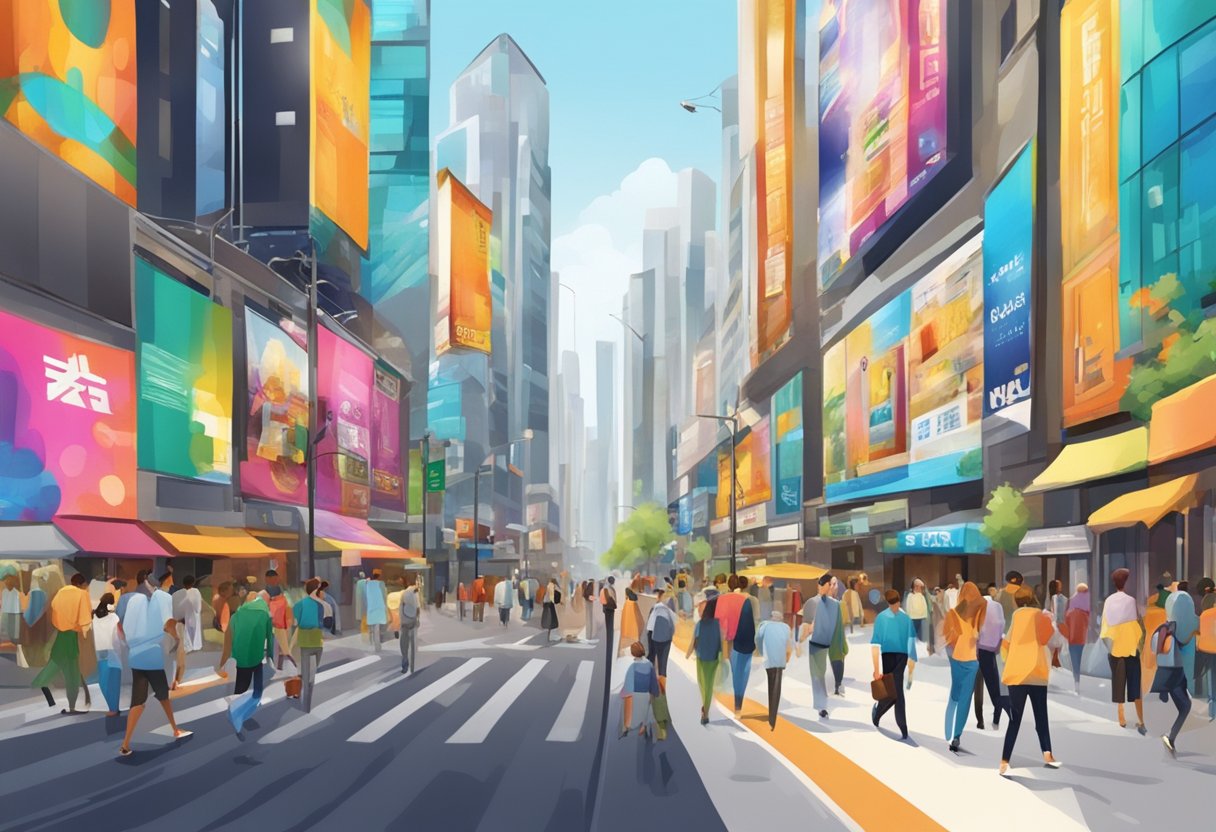 A city street with colorful, eye-catching advertising posters displayed on billboards and buildings, surrounded by bustling activity and diverse pedestrians