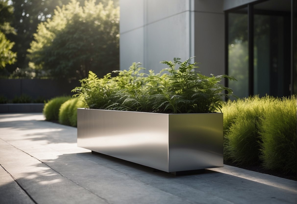 A sleek, modern aluminium planter sits on a minimalist concrete patio, surrounded by lush greenery and bathed in soft natural light