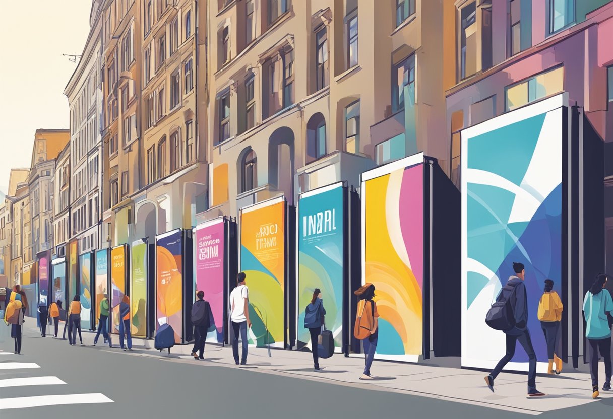 A row of colorful advertising posters on a city street. Bold text and eye-catching graphics. Busy pedestrians passing by
