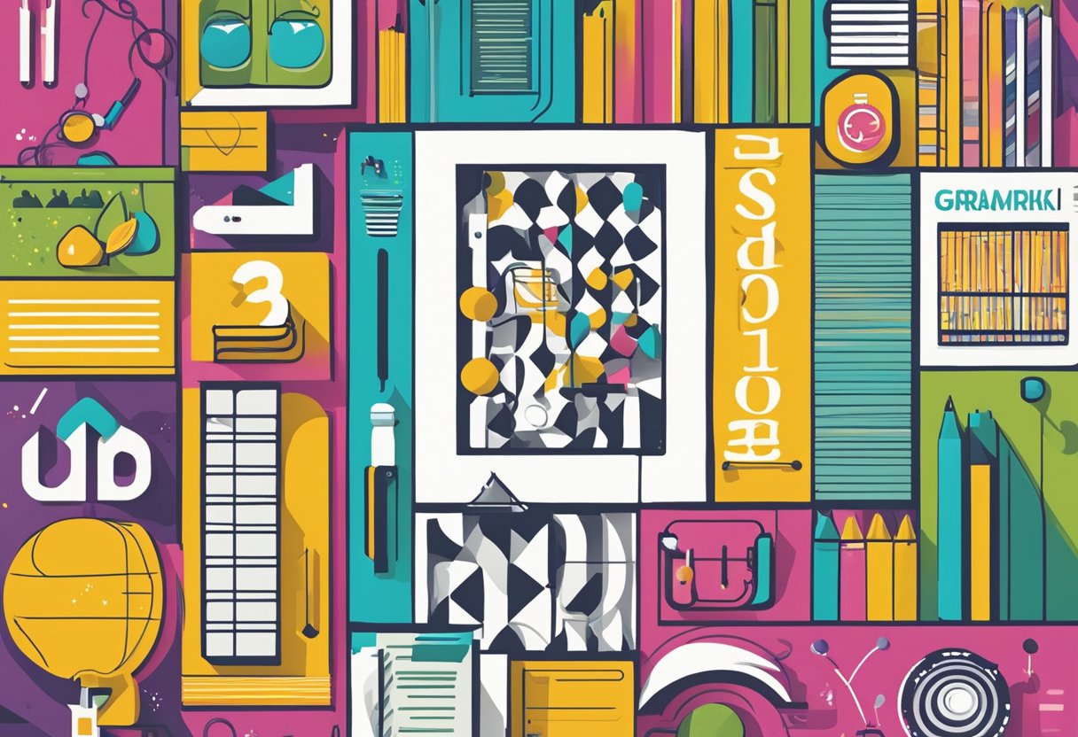 A colorful poster featuring "Tysk Grammatikk og Ordbruk" with bold typography and vibrant graphics