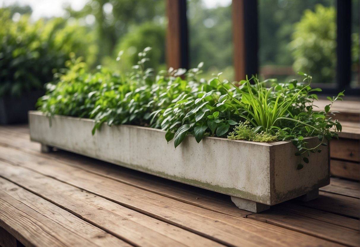 A rectangular concrete planter box sits on a weathered wooden deck, filled with vibrant green plants and trailing vines