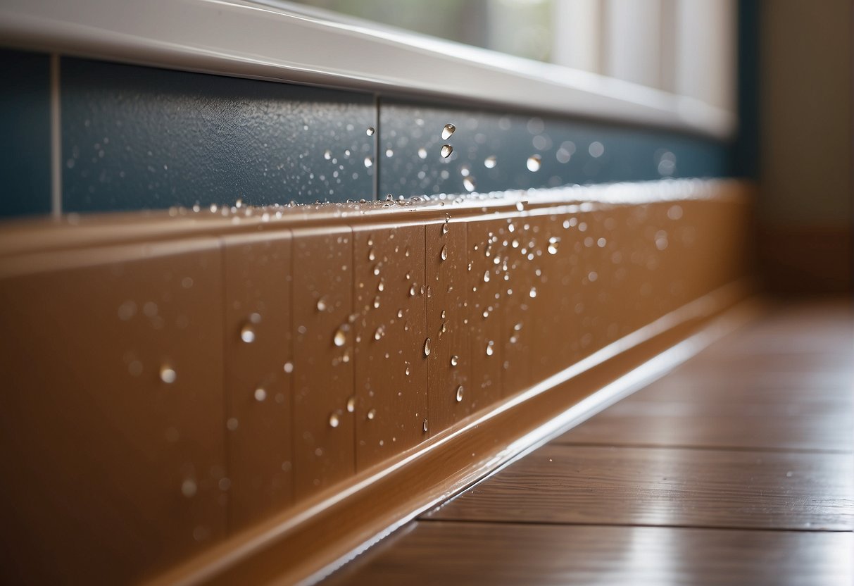 Moisture-resistant MDF skirting boards installed along the base of a bathroom wall, with water droplets rolling off the smooth, sealed surface