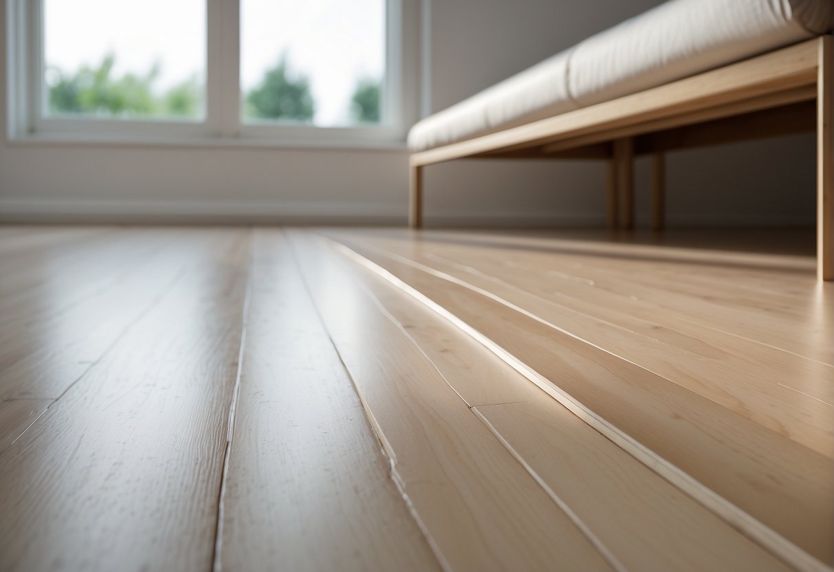 Moisture-resistant MDF skirting boards in a modern, minimalist room with clean lines and neutral colors. Light from a large window highlights the smooth, sleek finish of the skirting boards