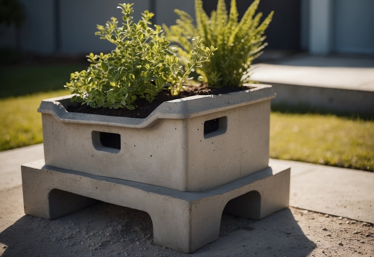 A concrete planter box sits on a flat surface, surrounded by bags of cement, a trowel, and a mixing bucket