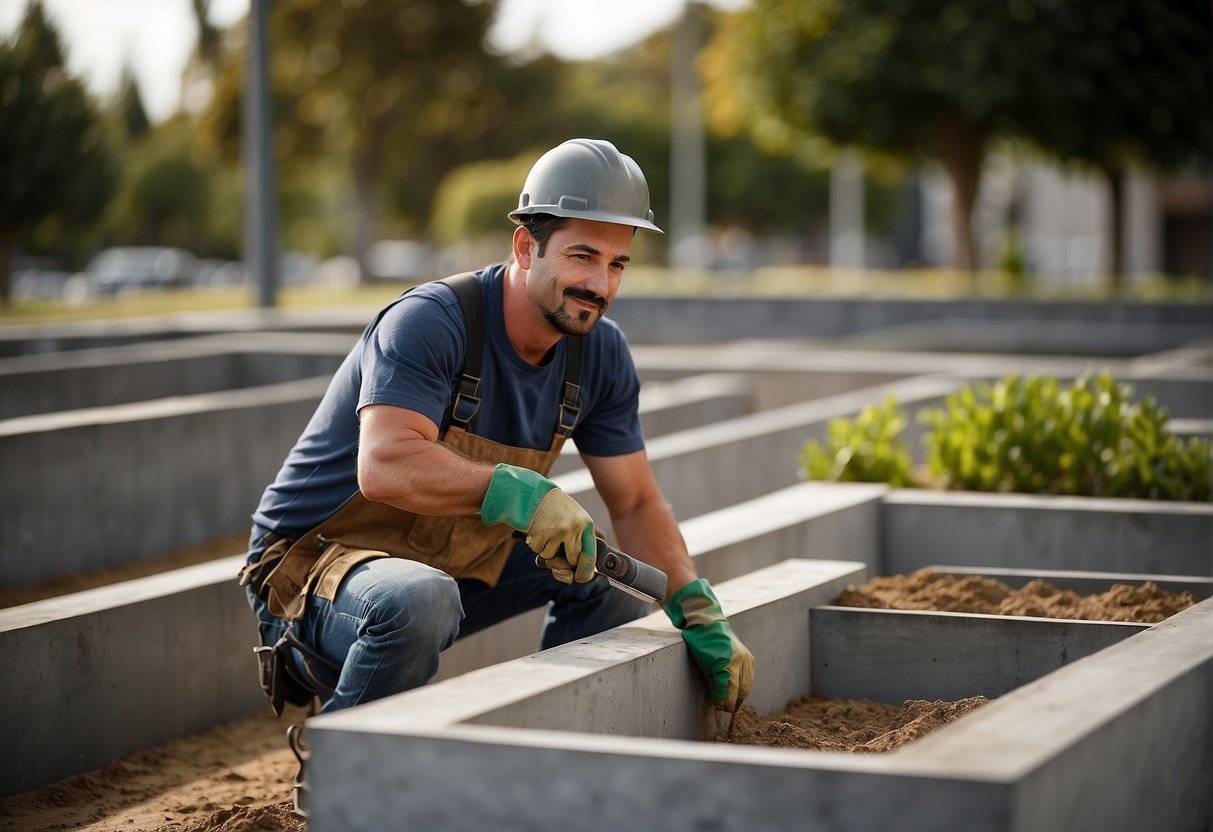 A worker applies a smooth finish to a concrete planter box