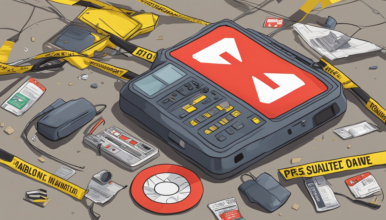 A satellite phone lies discarded on the ground, surrounded by caution tape and warning signs. The phone is labeled as illegal, with a red X over it