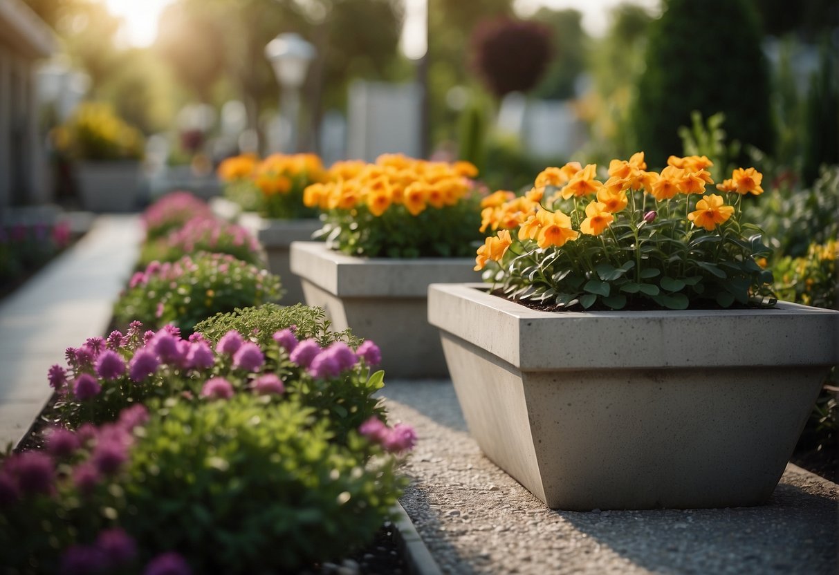 Concrete garden planters line a paved pathway, filled with vibrant flowers and greenery, creating a serene and inviting outdoor space