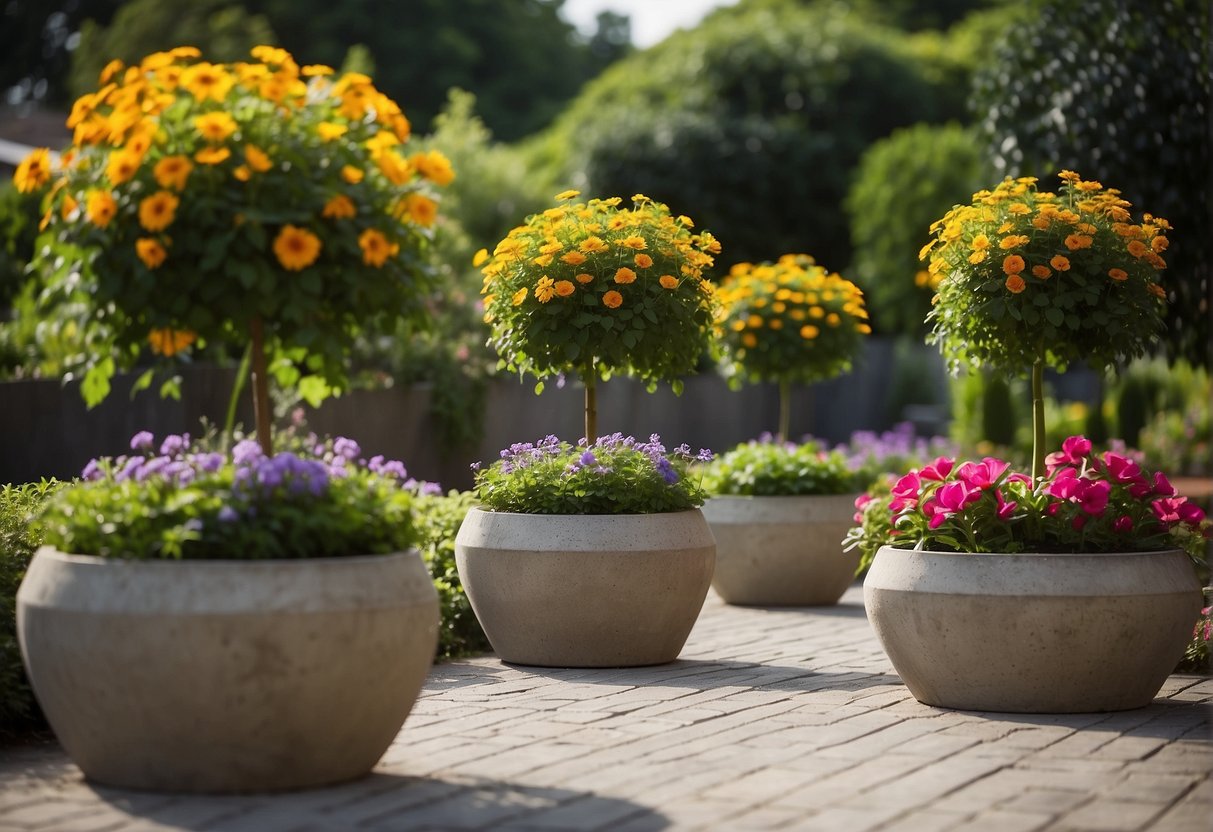 Concrete garden planters arranged in a landscaped garden, varying in size and shape, with lush greenery and colorful flowers filling the containers