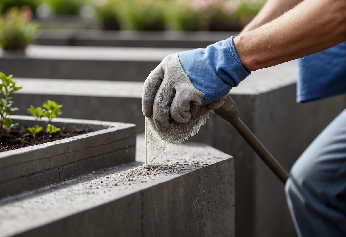 Concrete garden planters being wiped clean with a damp cloth. A person applies a sealant to protect them from weathering