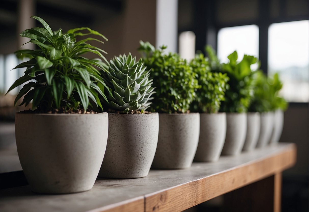 Cement plant pots arranged on a wooden shelf with green plants inside