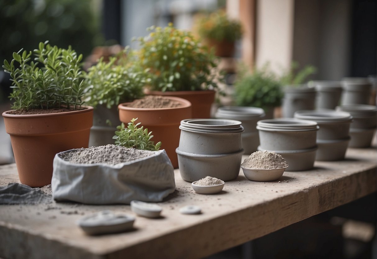 A table with cement bags, mixing tools, molds, and finished plant pots