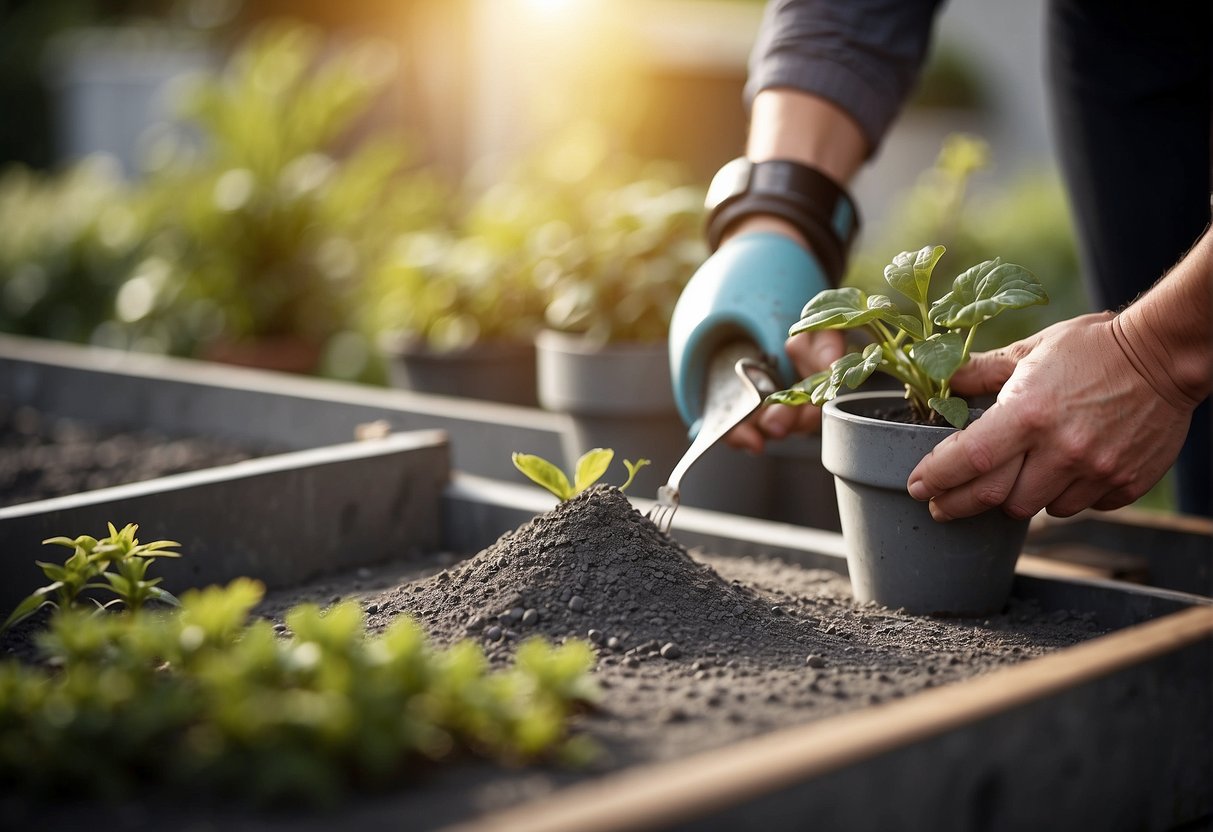 A hand pours cement into plant pots, smoothing the surface with a trowel