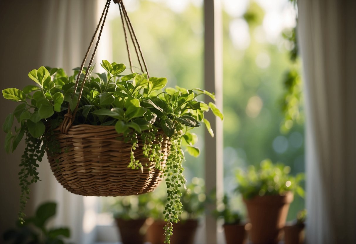 A lush, green hanging plant basket sways gently in the breeze, suspended from a sturdy hook against a backdrop of a sunny window