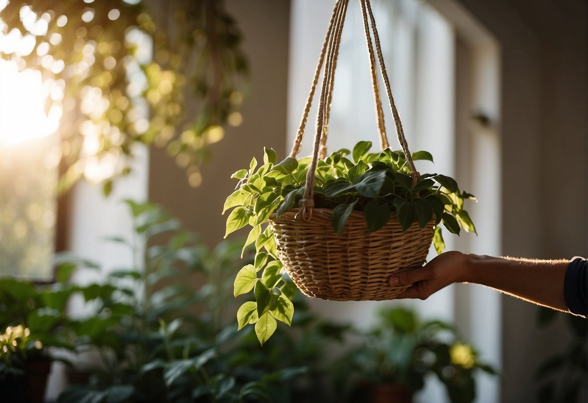 A hand reaches up to water a lush, hanging plant basket. The sunlight filters through the leaves, casting dappled shadows on the wall