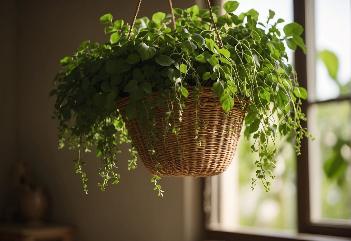 A woven hanging plant basket adorned with lush greenery and trailing vines, suspended from a hook against a backdrop of a sunlit window