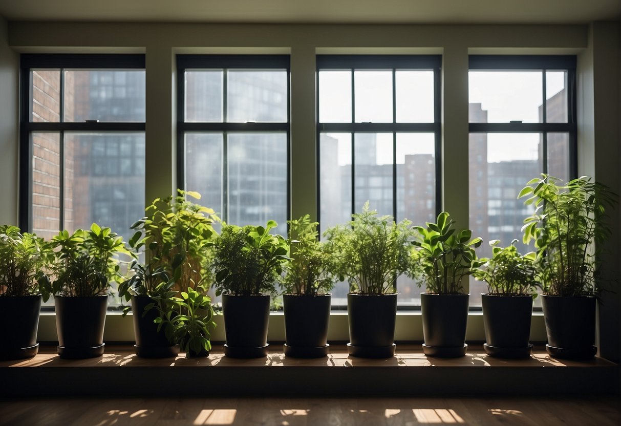 Several indoor wall planters hang at varying heights, filled with lush green plants. The sunlight filters through the windows, casting soft shadows on the wall behind them