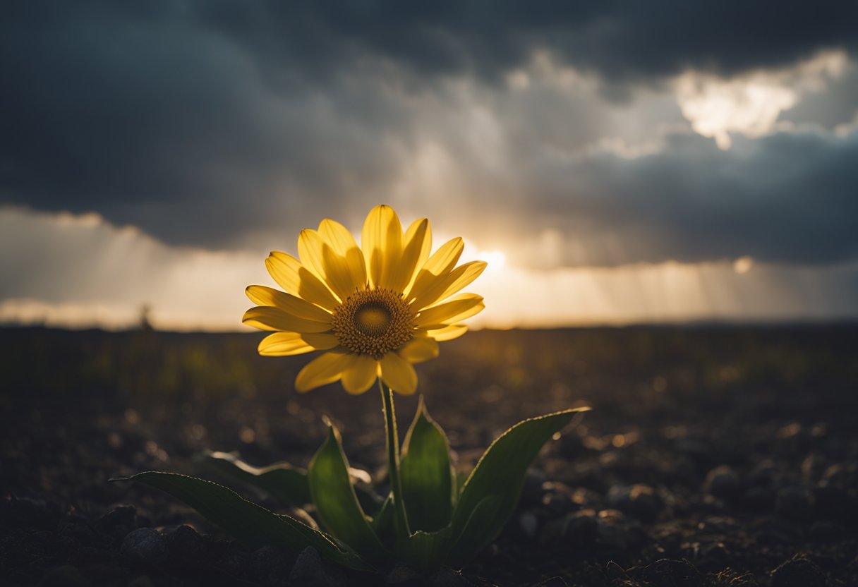 Golden light filters through storm clouds, illuminating a barren landscape. A single flower blooms, defying the odds. A symbol of God's grace in the midst of desolation