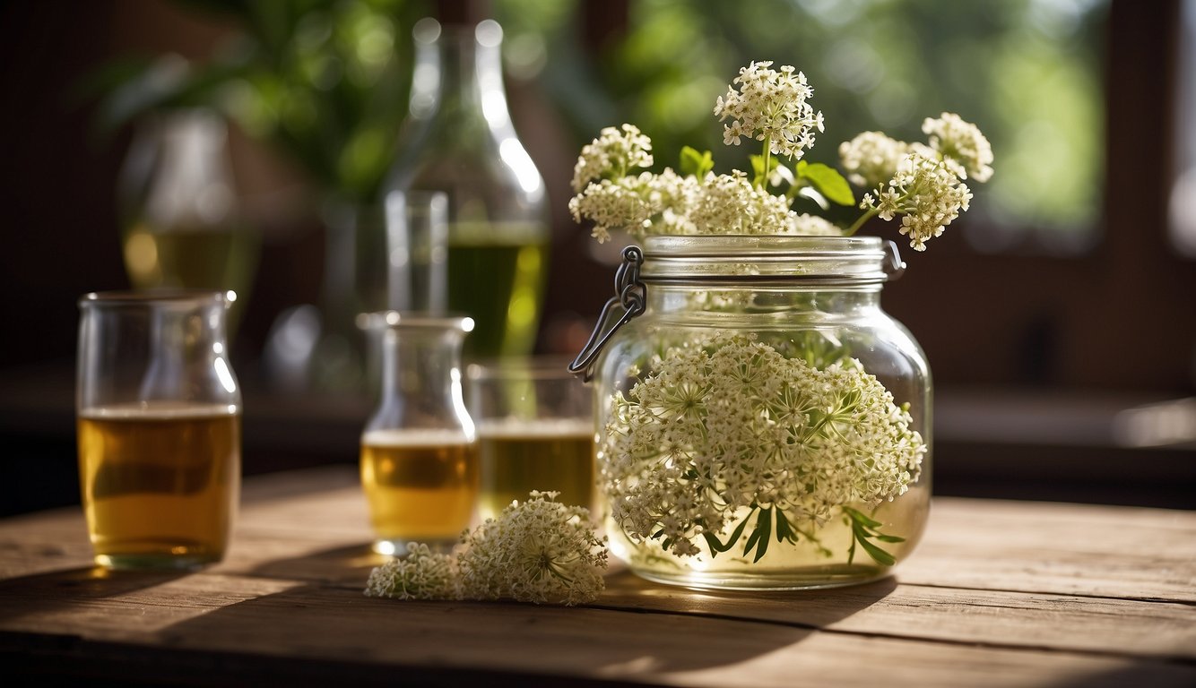 A clear glass jar filled with fresh elderflowers, surrounded by small bottles of alcohol and a measuring cup on a wooden table