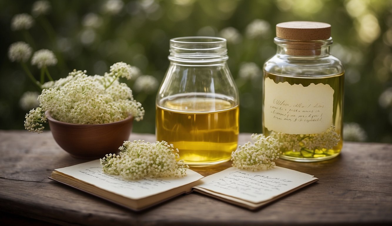 A glass jar filled with fresh elderflowers submerged in alcohol, with a label reading "Elderflower Tincture Recipe" beside a handwritten note