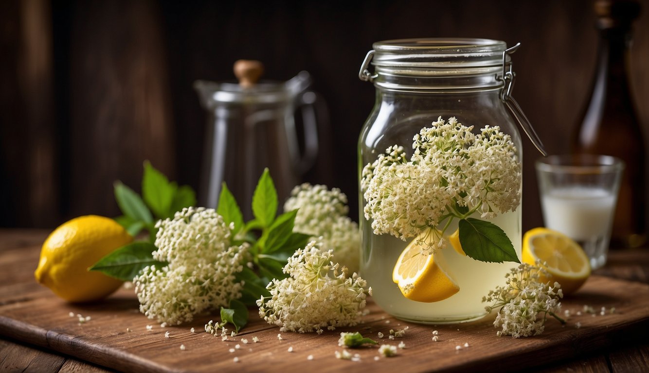 A glass jar filled with fresh elderflowers steeping in alcohol, surrounded by ingredients like sugar, lemon, and water on a wooden table