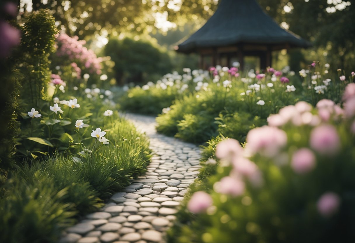 A tranquil garden with a single blooming flower and a winding path symbolizing the present moment and God's abundant grace