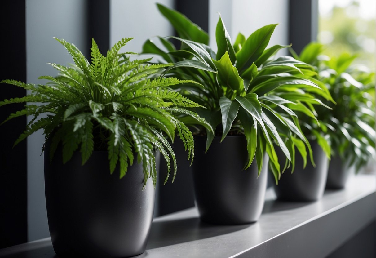 Lush green plants thrive in sleek indoor wall planters, water droplets glistening on their leaves. A modern, minimalist setting with soft natural light