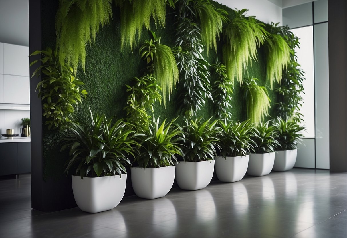 Lush green plants cascade down sleek, modern wall planters in a minimalist interior space with clean lines and natural light