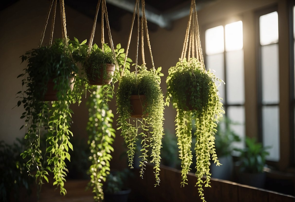 Lush green hanging plants drape from macramé hangers, casting shadows on the sunlit walls of a cozy indoor space
