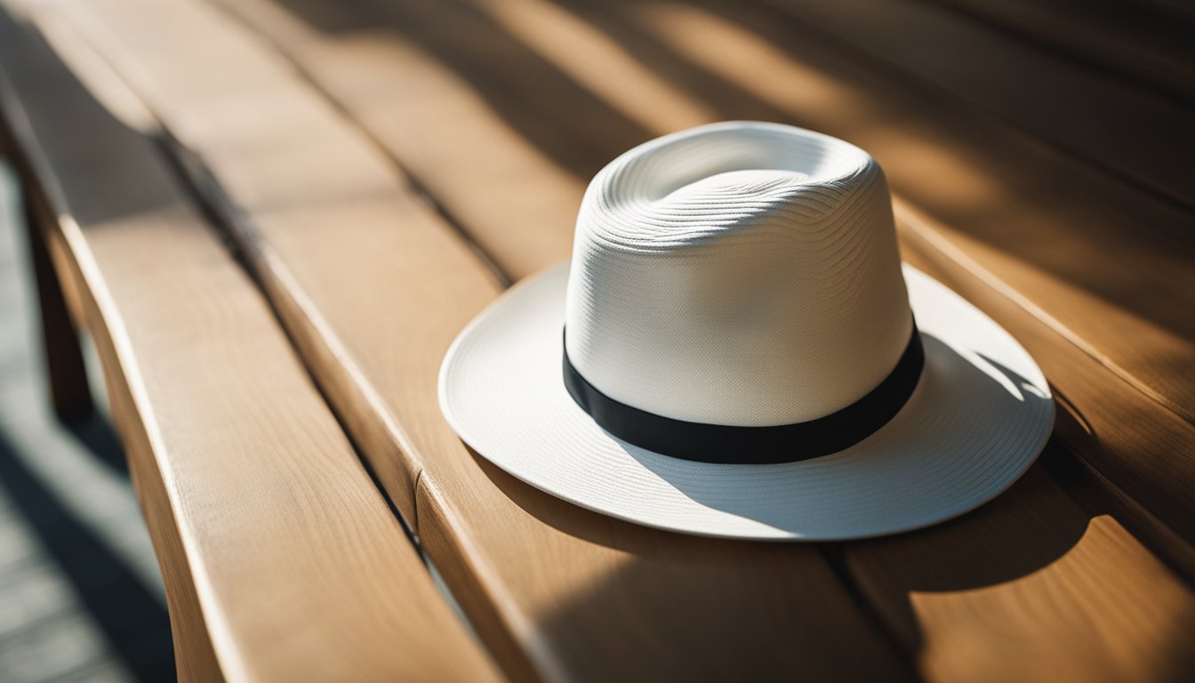 A bright white hat sits atop a wooden table, casting a clean shadow