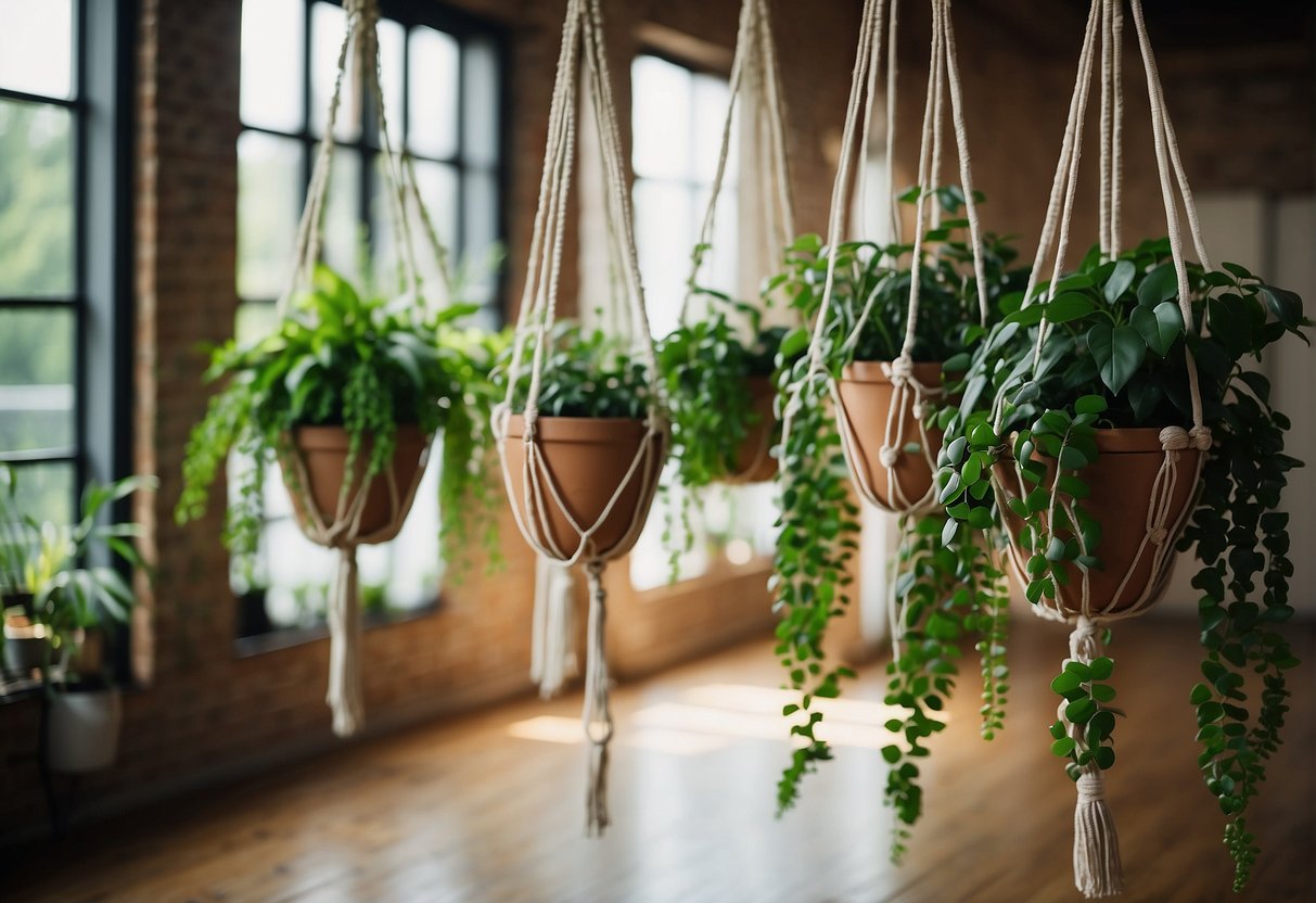 Lush green indoor plants hang from macrame hangers, adding a touch of nature to the room. Sunlight filters through the leaves, creating a serene and calming atmosphere