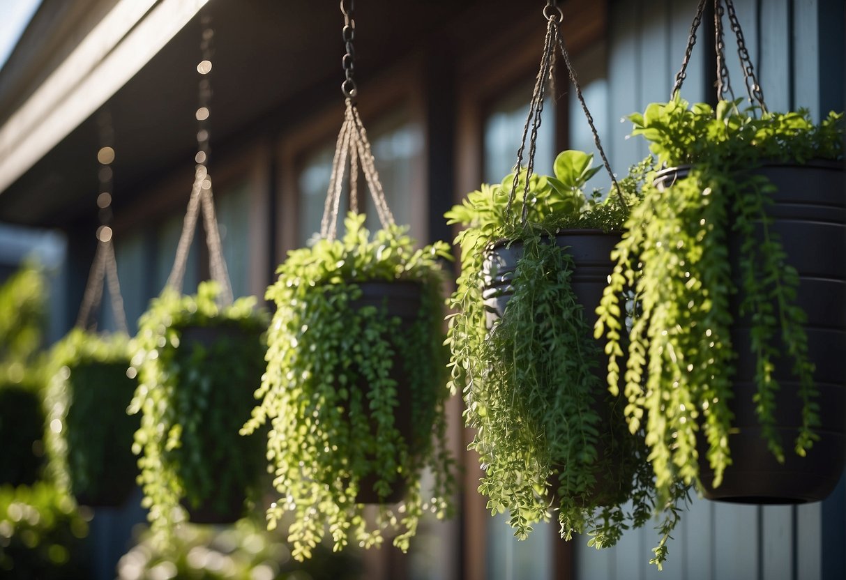 Lush green plants spill from hanging wall planters in an Australian backyard, adding a touch of natural beauty to the outdoor space