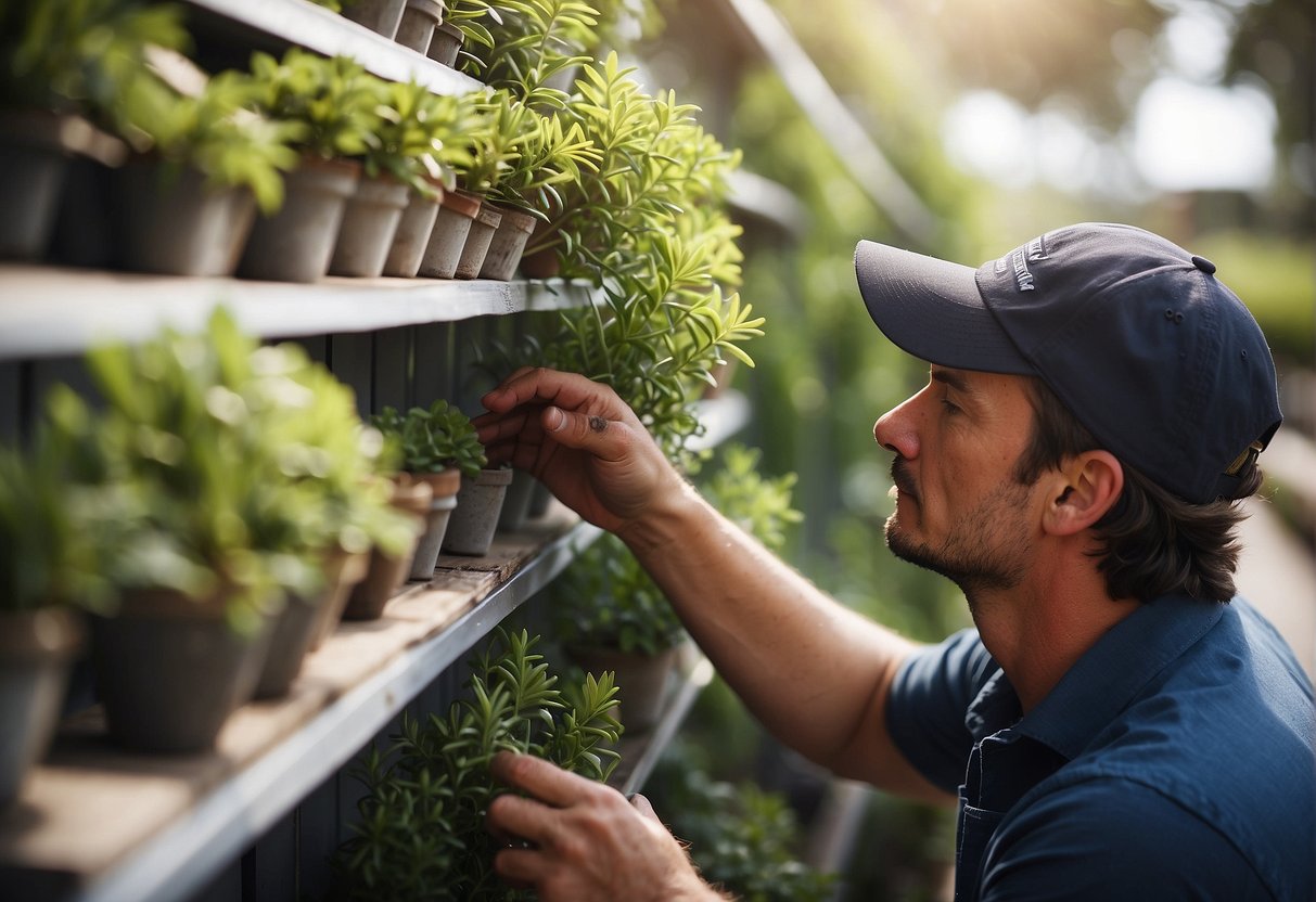 A person installing a wall planter in Australia, carefully tending to the plants and ensuring proper maintenance and care