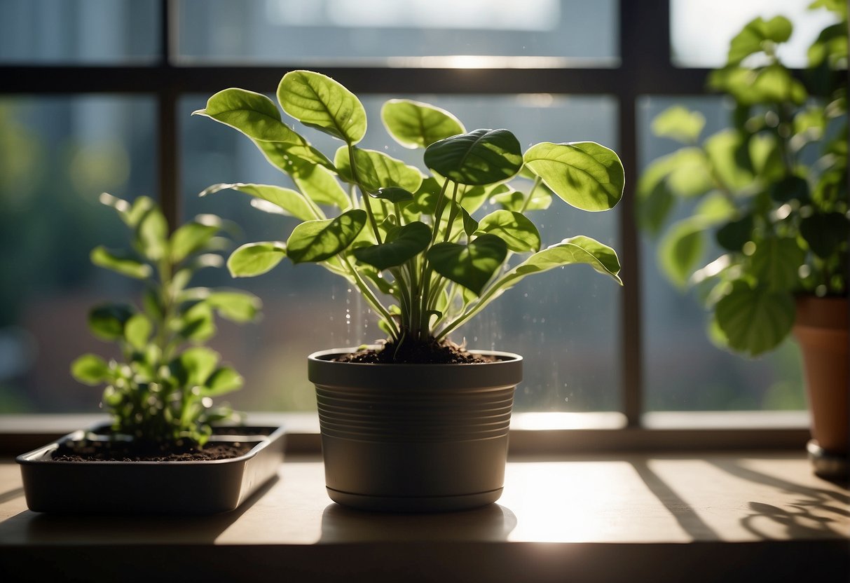 A self-watering plant sits on a windowsill, with a clear reservoir at the base and lush green leaves reaching towards the sunlight