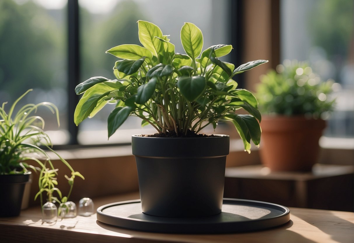 A potted plant sits on a table next to a self-watering system. The system consists of a reservoir, a wick, and a water level indicator