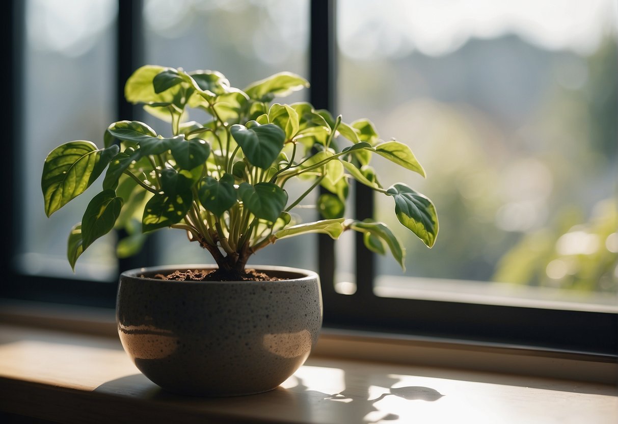 A self-watering plant sits on a sunny windowsill. A small reservoir at the base provides water to the soil through a wick, keeping the plant healthy and thriving