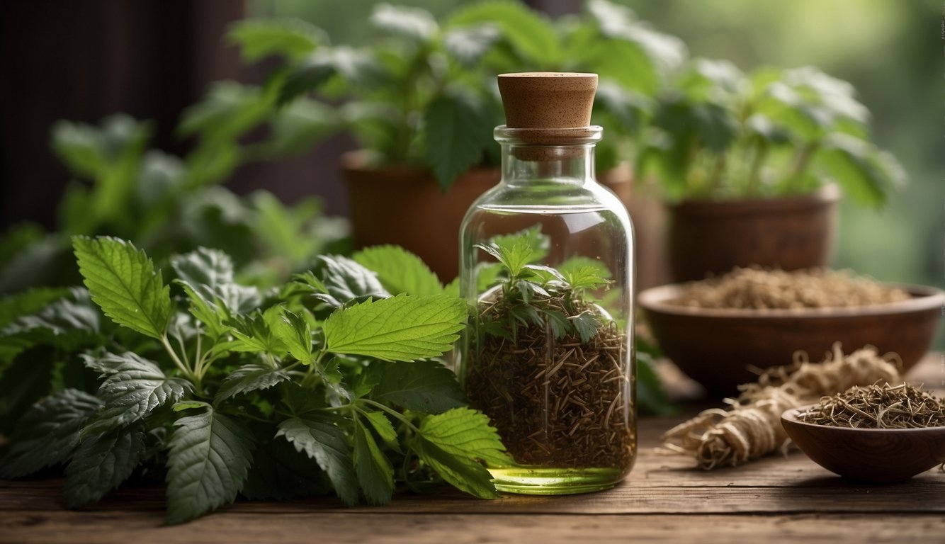 A glass bottle filled with stinging nettle root tincture sits on a wooden table, surrounded by fresh nettle leaves and roots