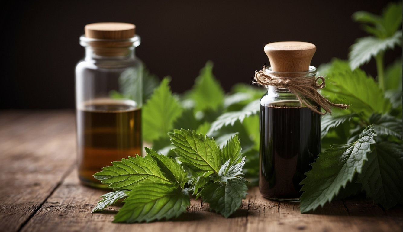 A clear glass bottle filled with stinging nettle root tincture sits on a wooden surface, surrounded by fresh nettle leaves and a mortar and pestle