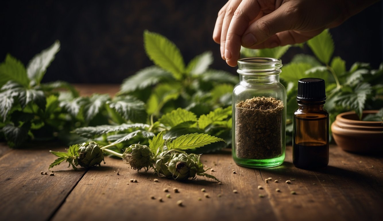 A hand pouring stinging nettle root tincture into a glass dropper bottle with a label. A mortar and pestle and fresh nettle leaves are nearby