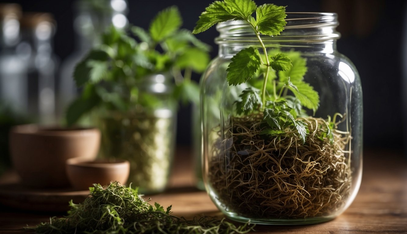 Stinging nettle roots are gathered and placed in a glass jar. Alcohol is poured over the roots, and the jar is sealed for several weeks to create a tincture