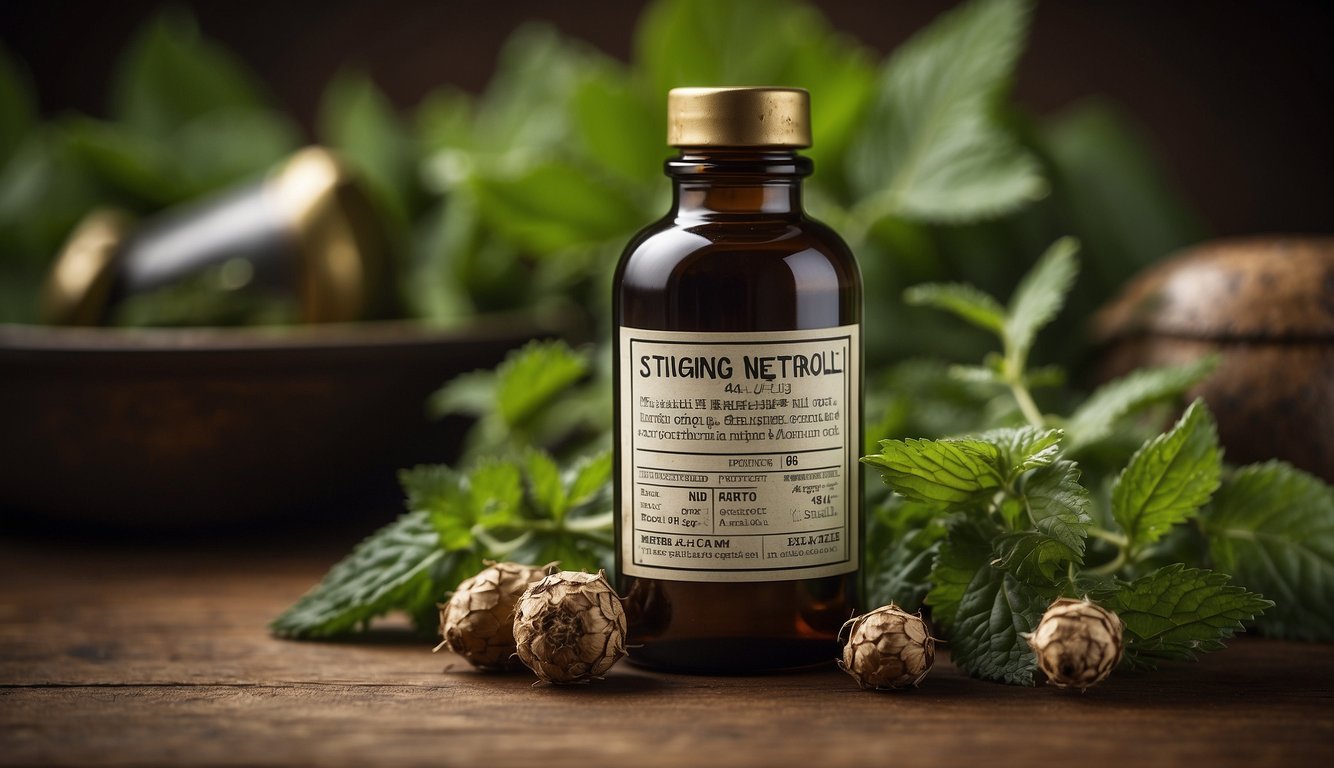 A bottle of stinging nettle root tincture with a caution label, surrounded by warning symbols and safety information