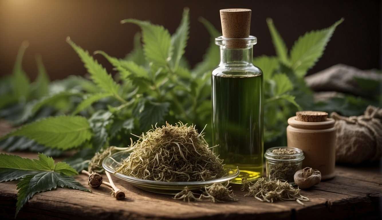 A glass bottle of stinging nettle root tincture sits on a wooden table, surrounded by dried nettle leaves and ancient herbal remedies