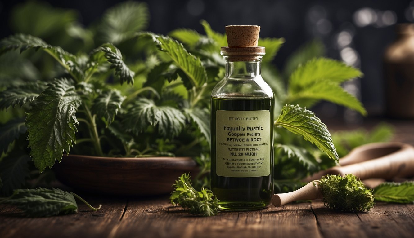 A dropper releasing stinging nettle root tincture into a glass bottle, with the label "Frequently Asked Questions" visible