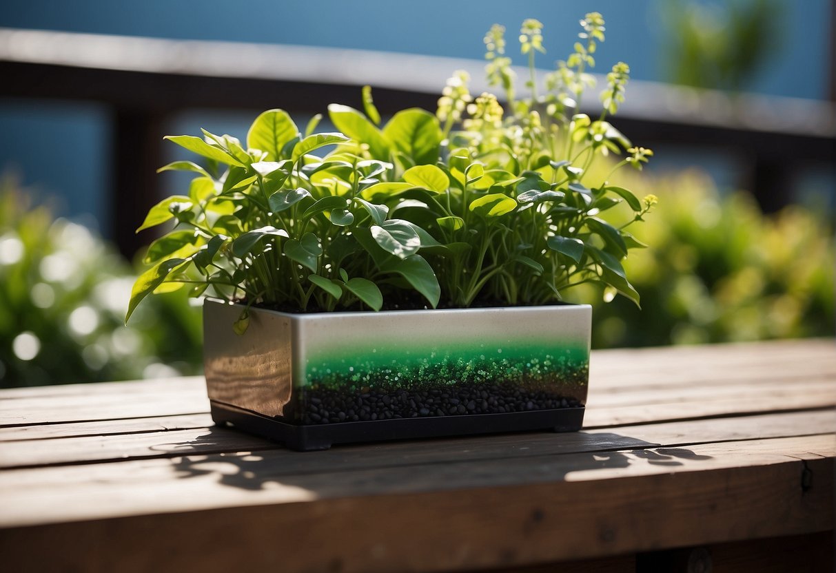 A water planter sits on a wooden deck, filled with vibrant green plants and surrounded by small pebbles. The water sparkles under the sunlight, adding a serene touch to the scene