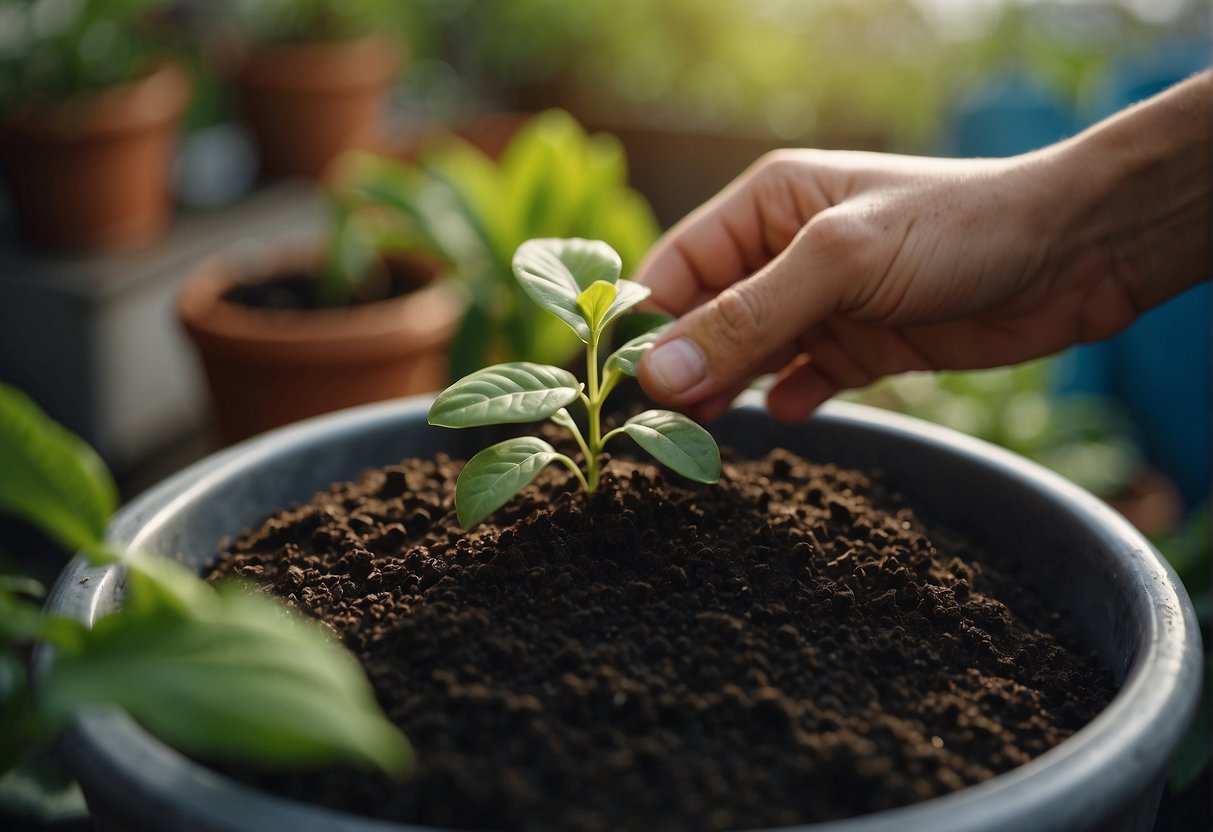 A person fills a water planter with soil, then adds and waters a plant