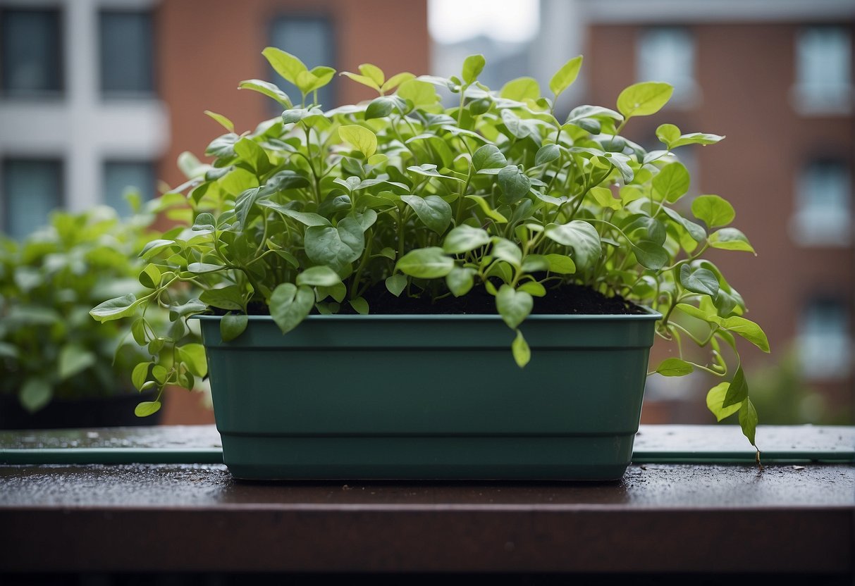 A water planter sits on a rooftop, collecting rainwater to nourish the plants below. The greenery thrives, while the planter reduces runoff and benefits the environment